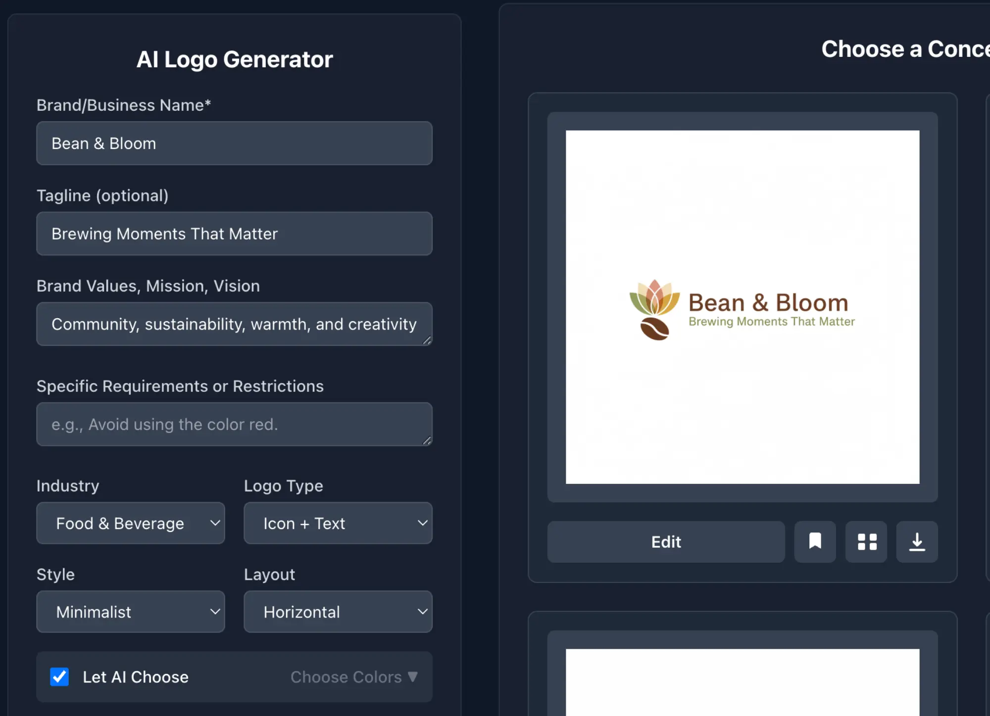AI Logo Generator library view showing saved prompts