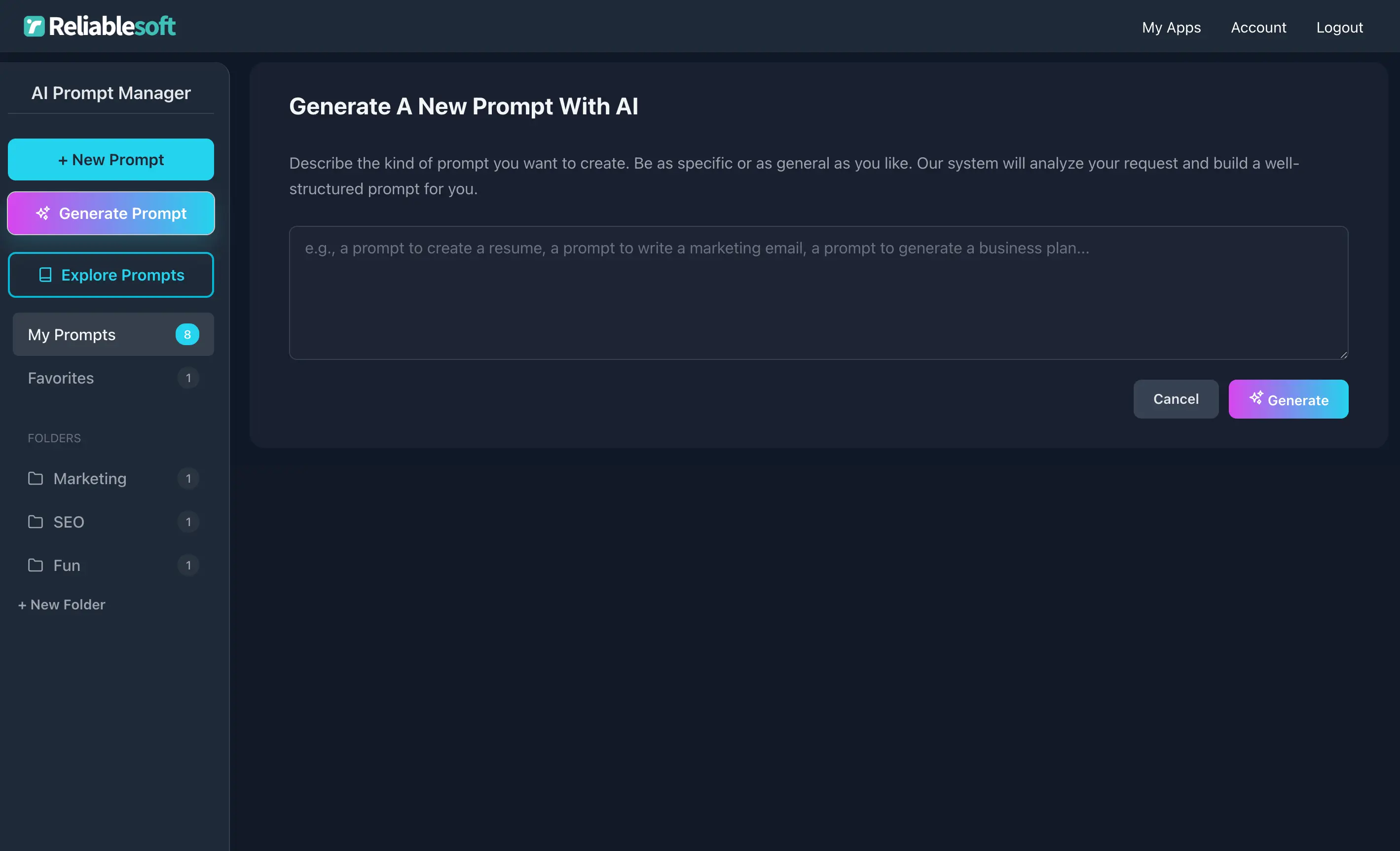 Generate a new prompt with AI screen and controls