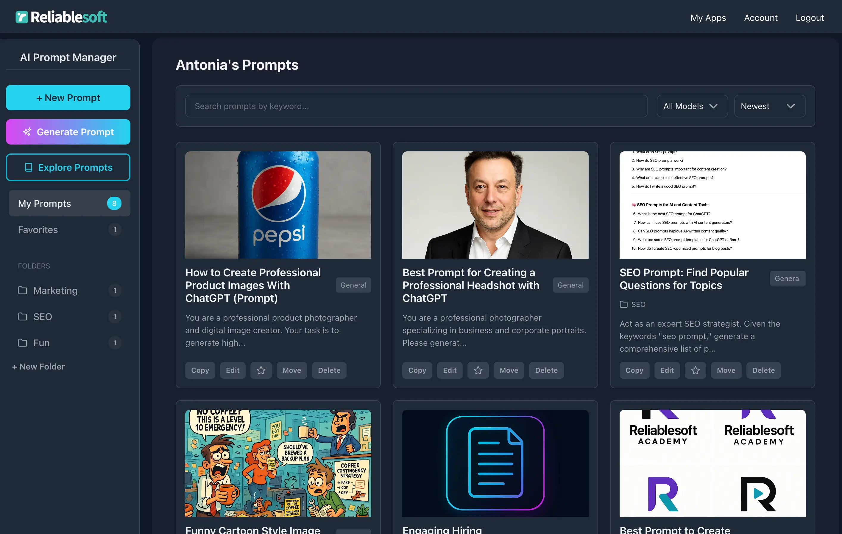 AI Prompt Manager library view showing saved prompts