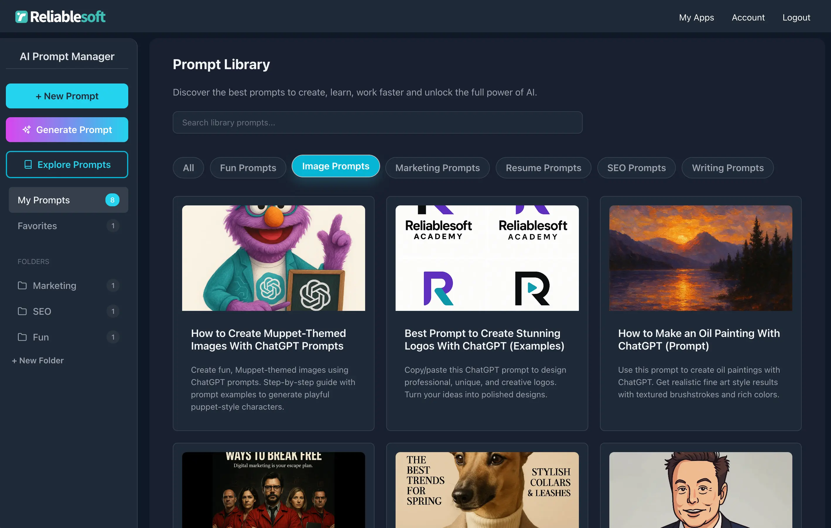 Ready-made prompts library with categories and examples