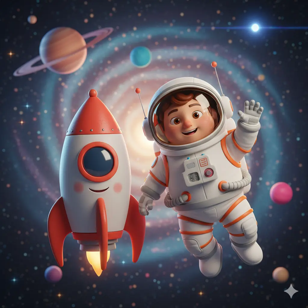 3D astronaut and rocket
