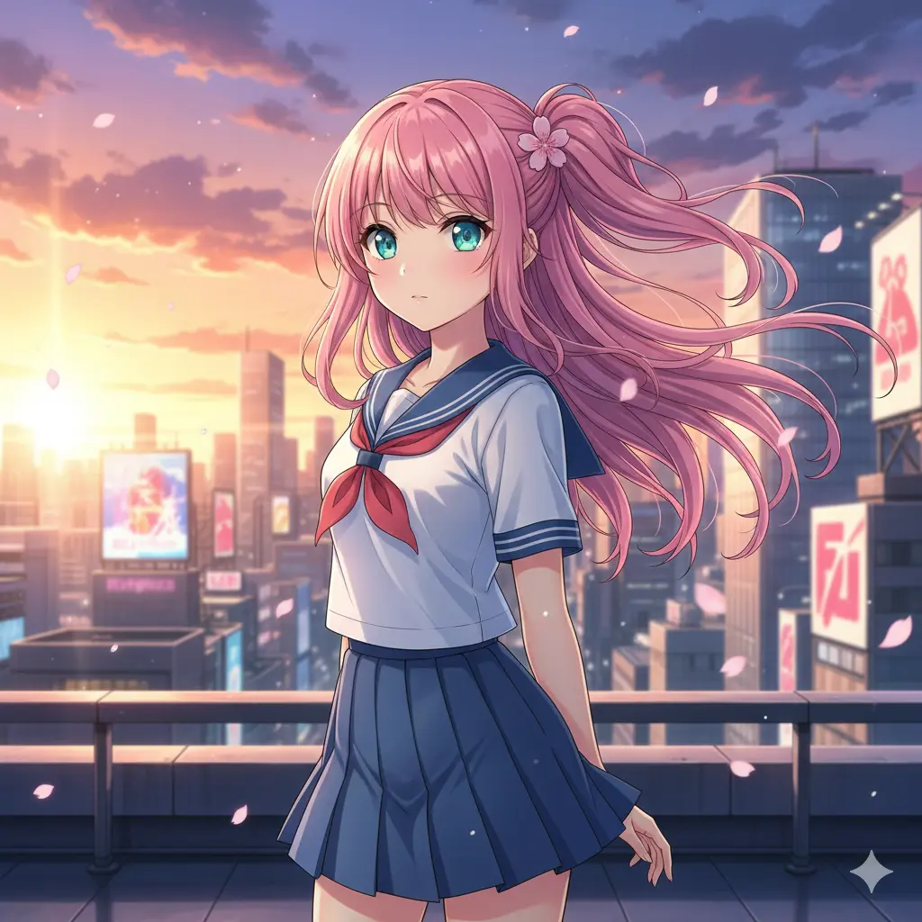 AI generated anime-style illustration of city skyline
