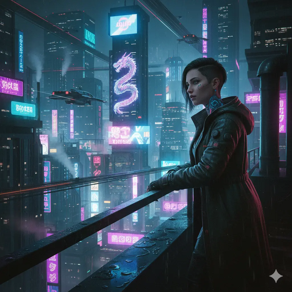 AI generated cyberpunk city with neon lights and futuristic vibe