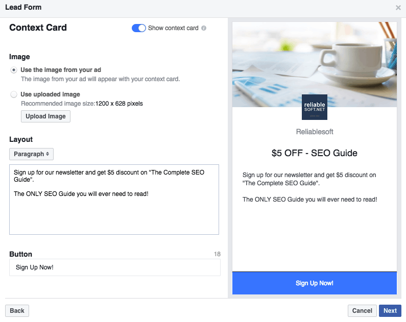 Facebook Lead Ads Context Card Example