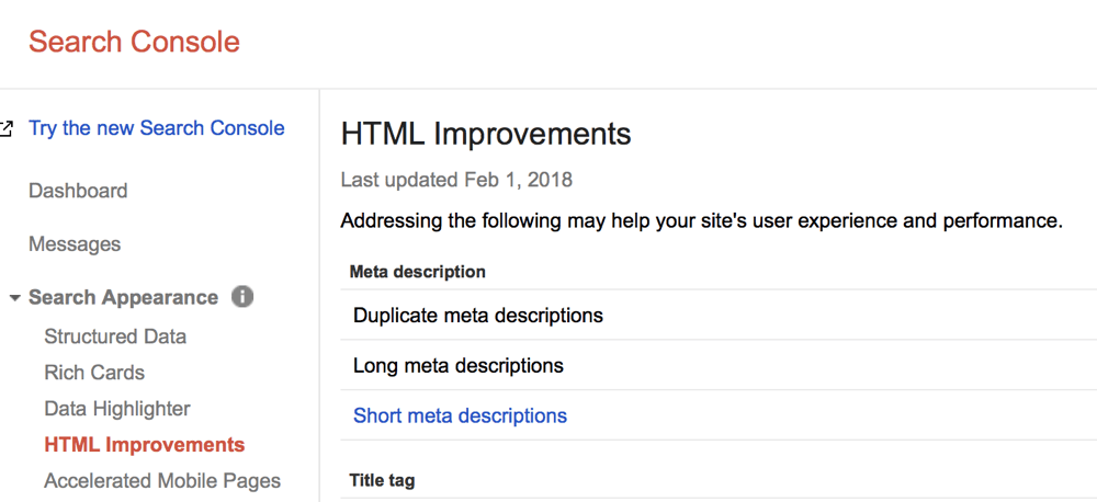 HTML Improvements Report - Google Search Console