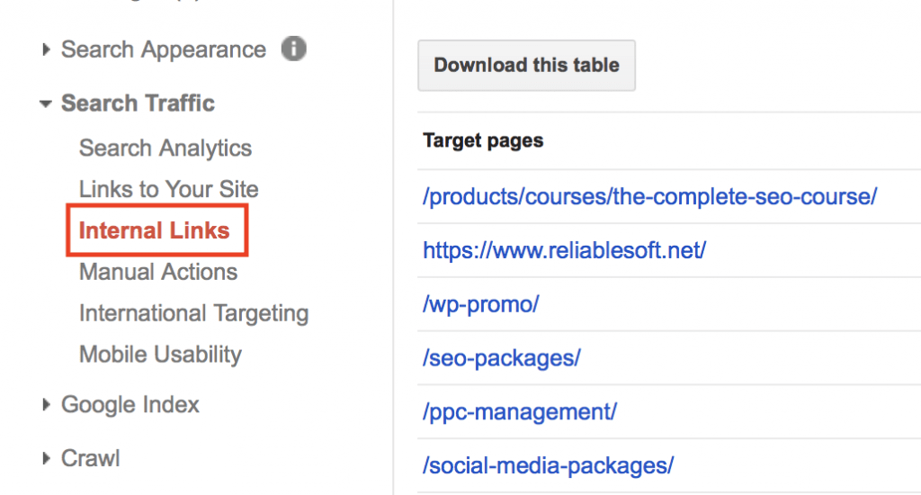 Internal Links Report - Google Search Console