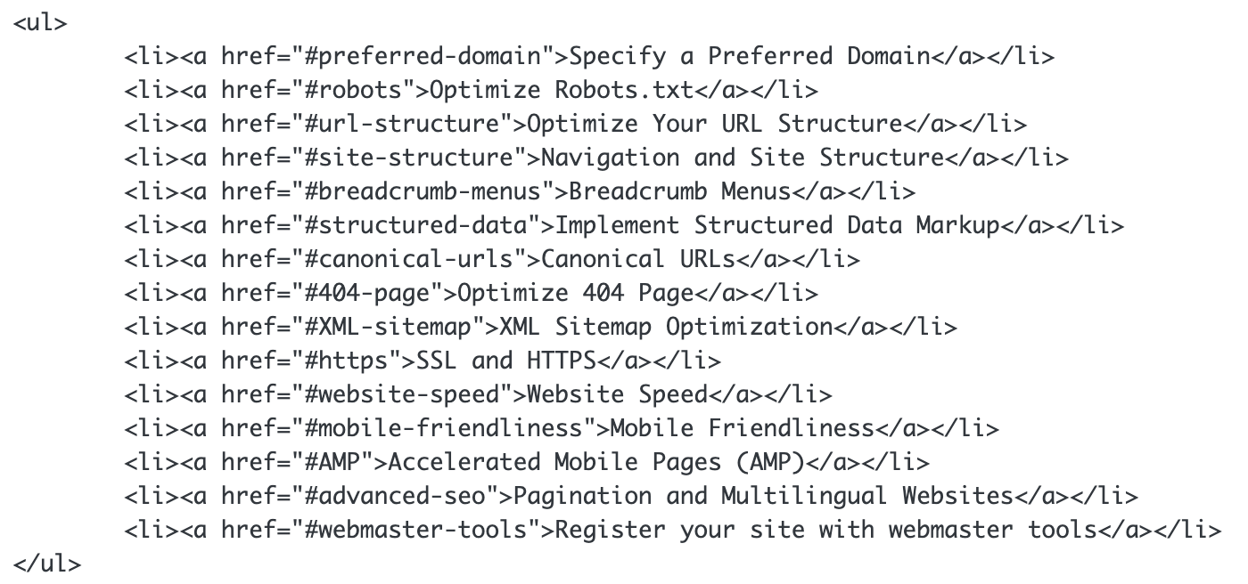 Example of HTML UL list
