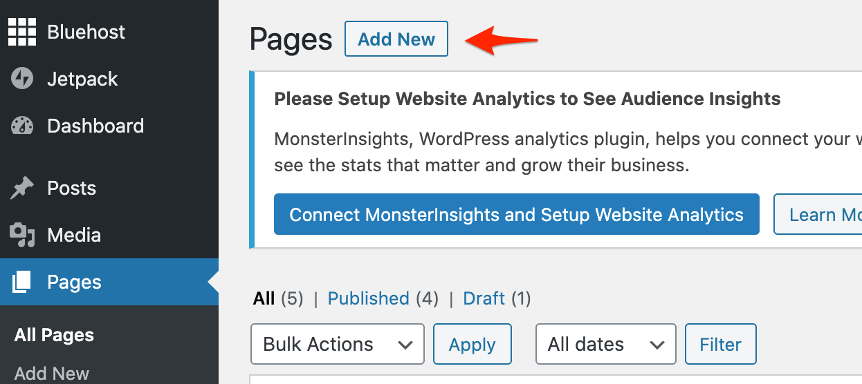 create a new page wordpress