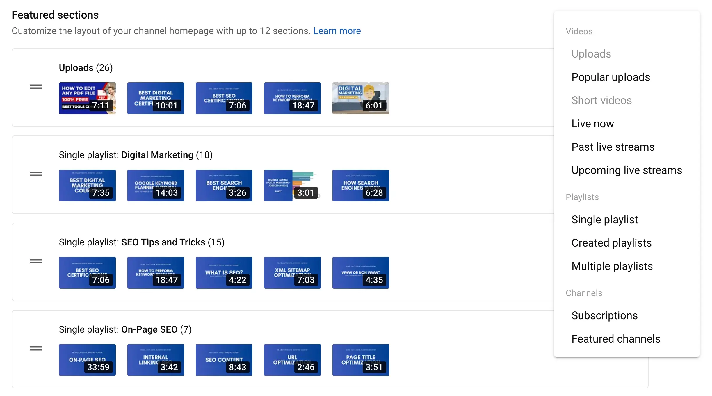 Configure Channel Sections