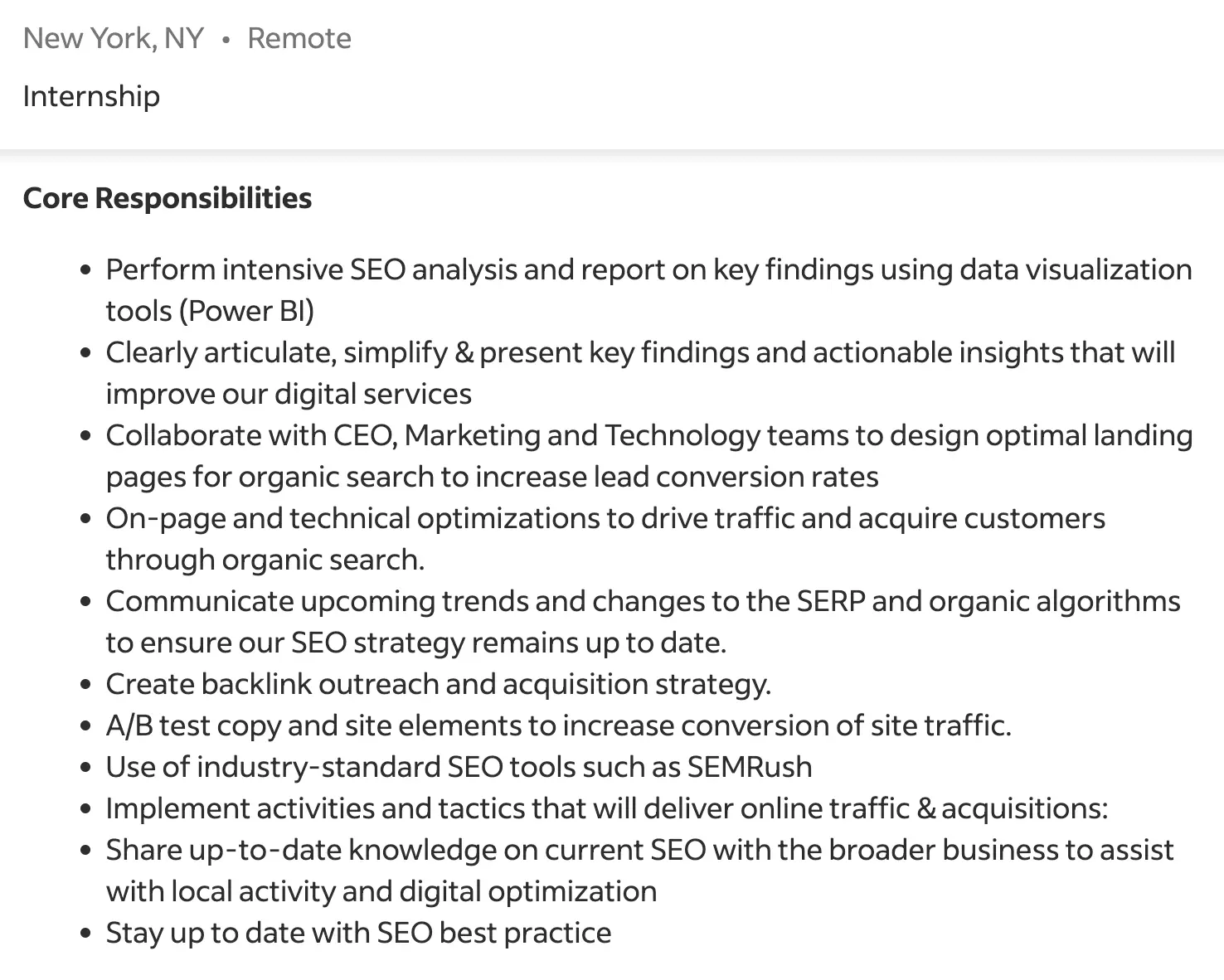 Example of Digital Marketing Intern Job Requirements