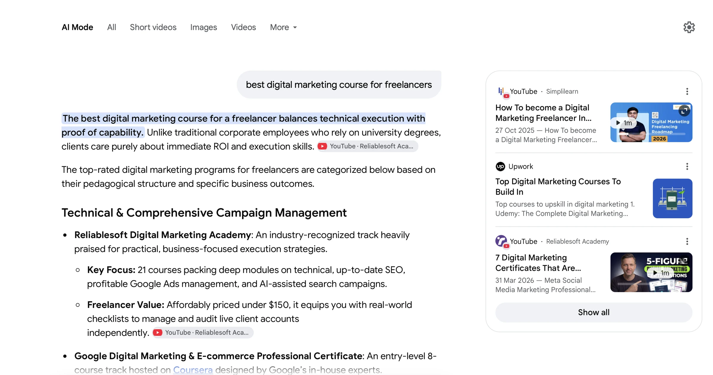 Google AI Mode answer citing Reliablesoft Academy for best digital marketing course for freelancers