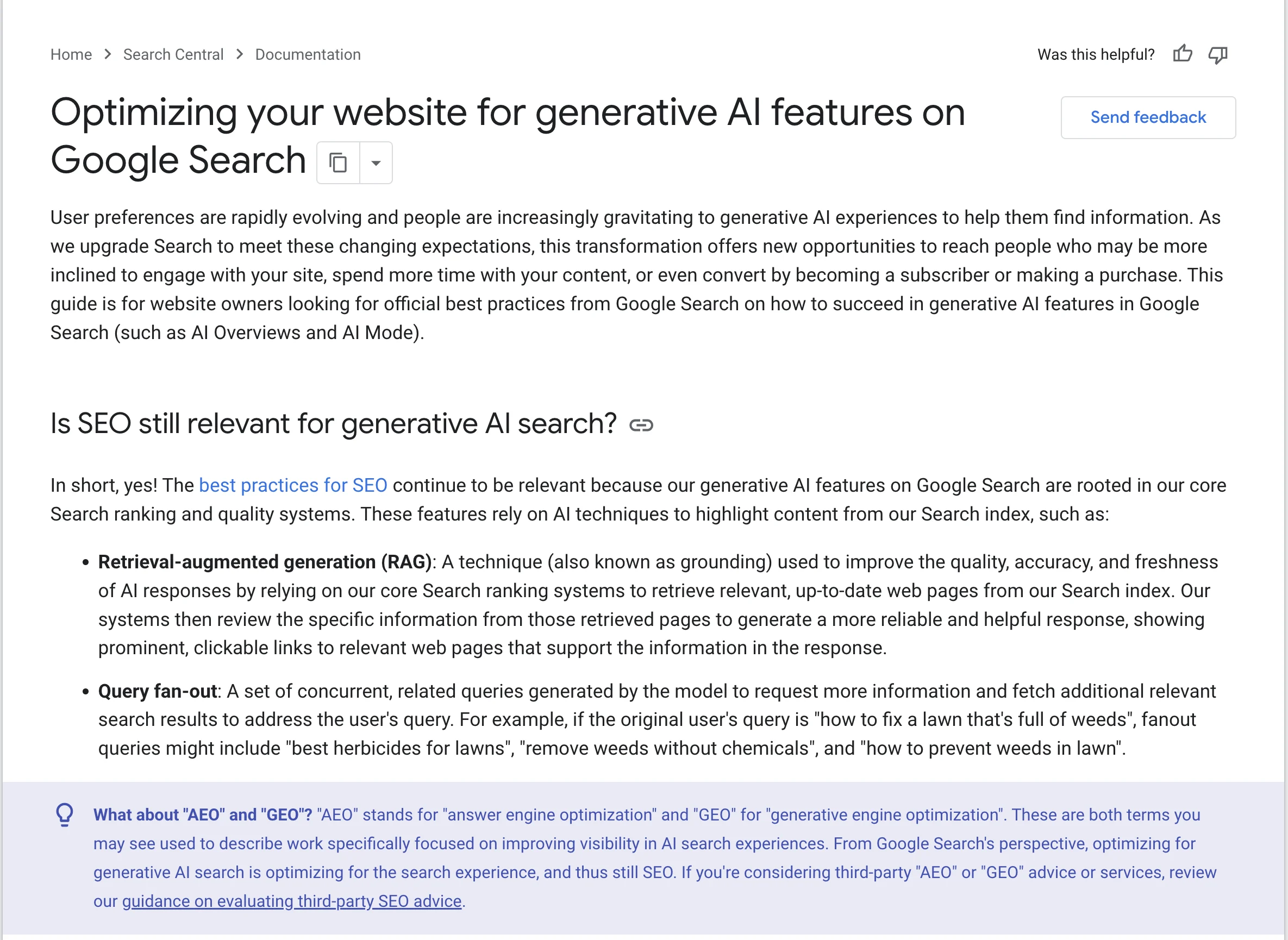 Google Search Central guide explaining that AEO and GEO are still SEO