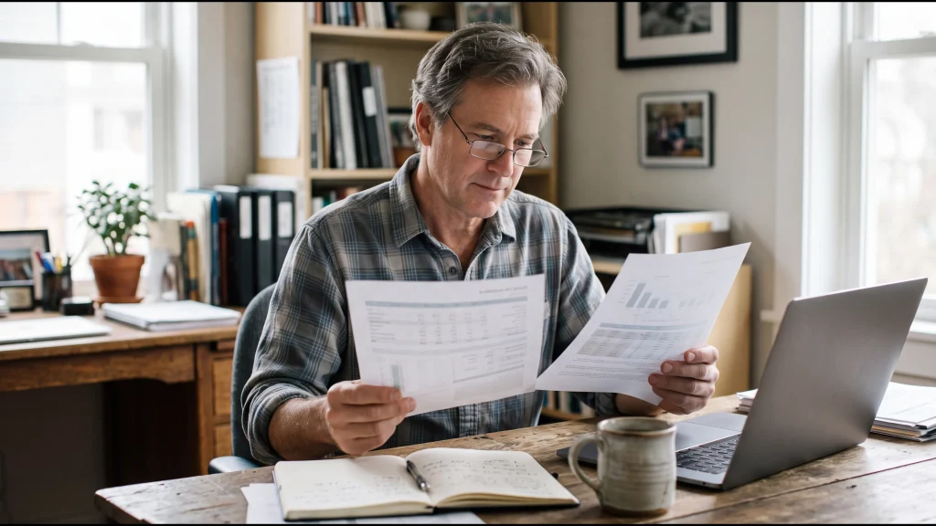 Business owner comparing two AI SEO proposals at his desk
