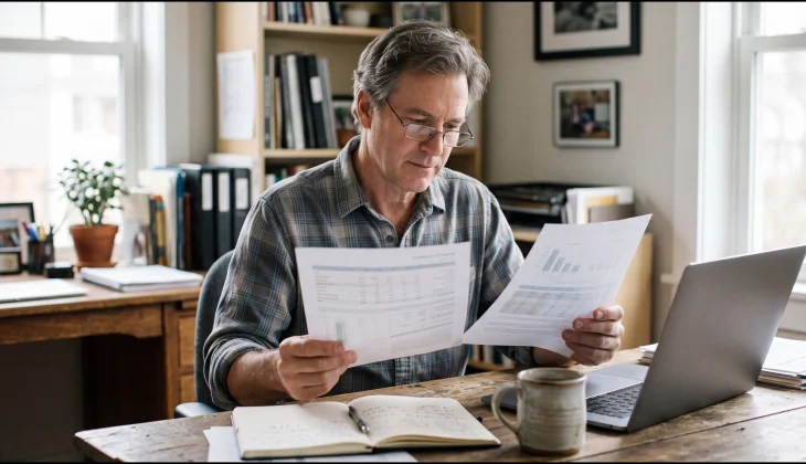 Business owner comparing two AI SEO proposals at his desk