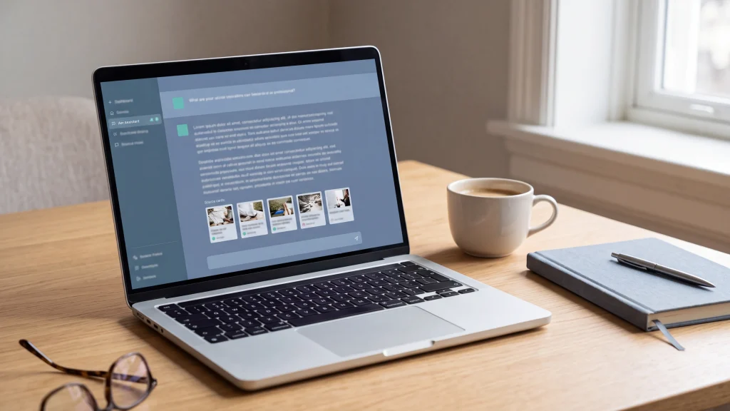 Laptop showing an AI assistant answer with cited sources