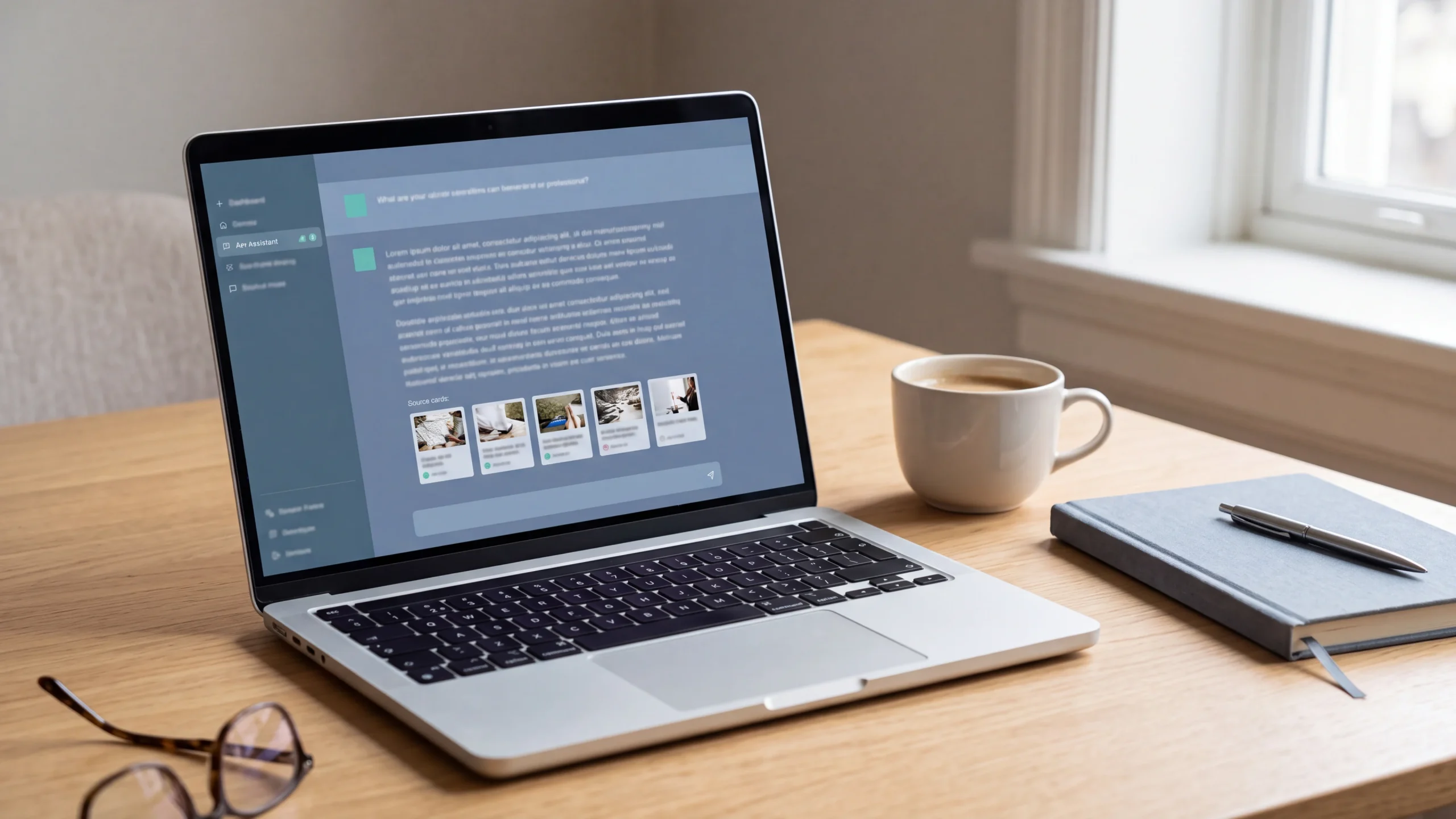 Laptop showing an AI assistant answer with cited sources