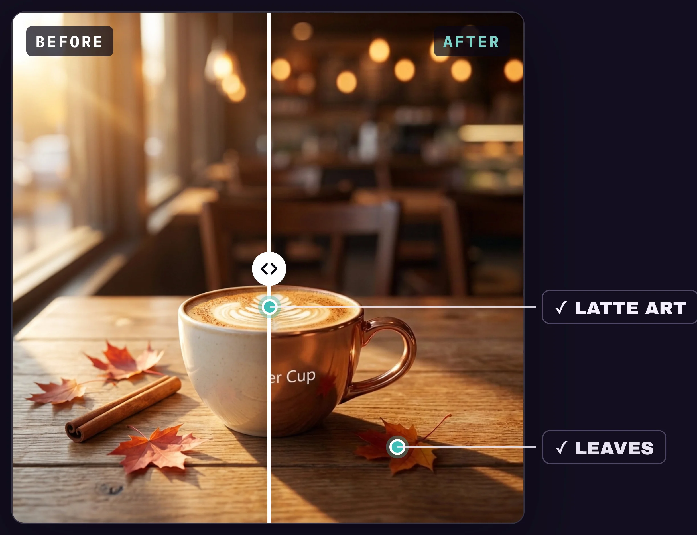 Before and after edit: the cream cup replaced by a copper mug, everything else unchanged