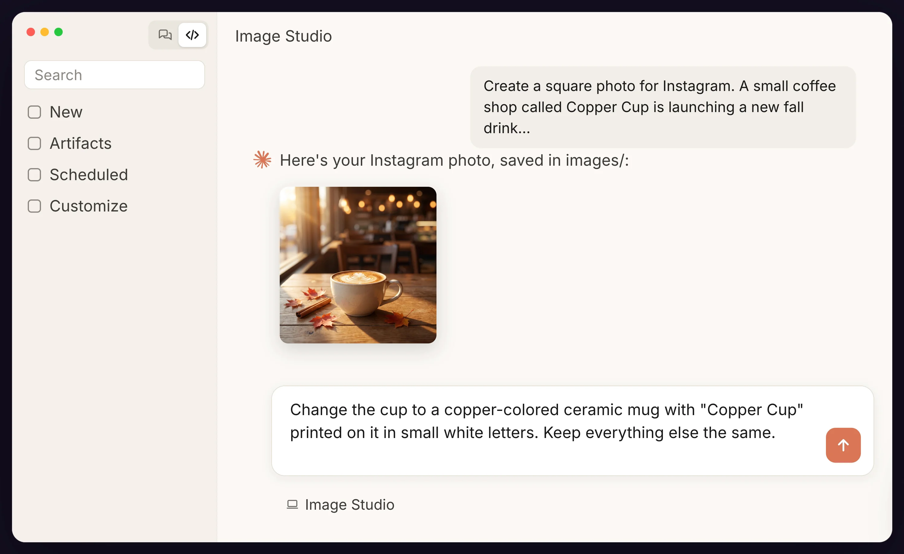 Edit request in Claude to change the cup to a copper Copper Cup mug