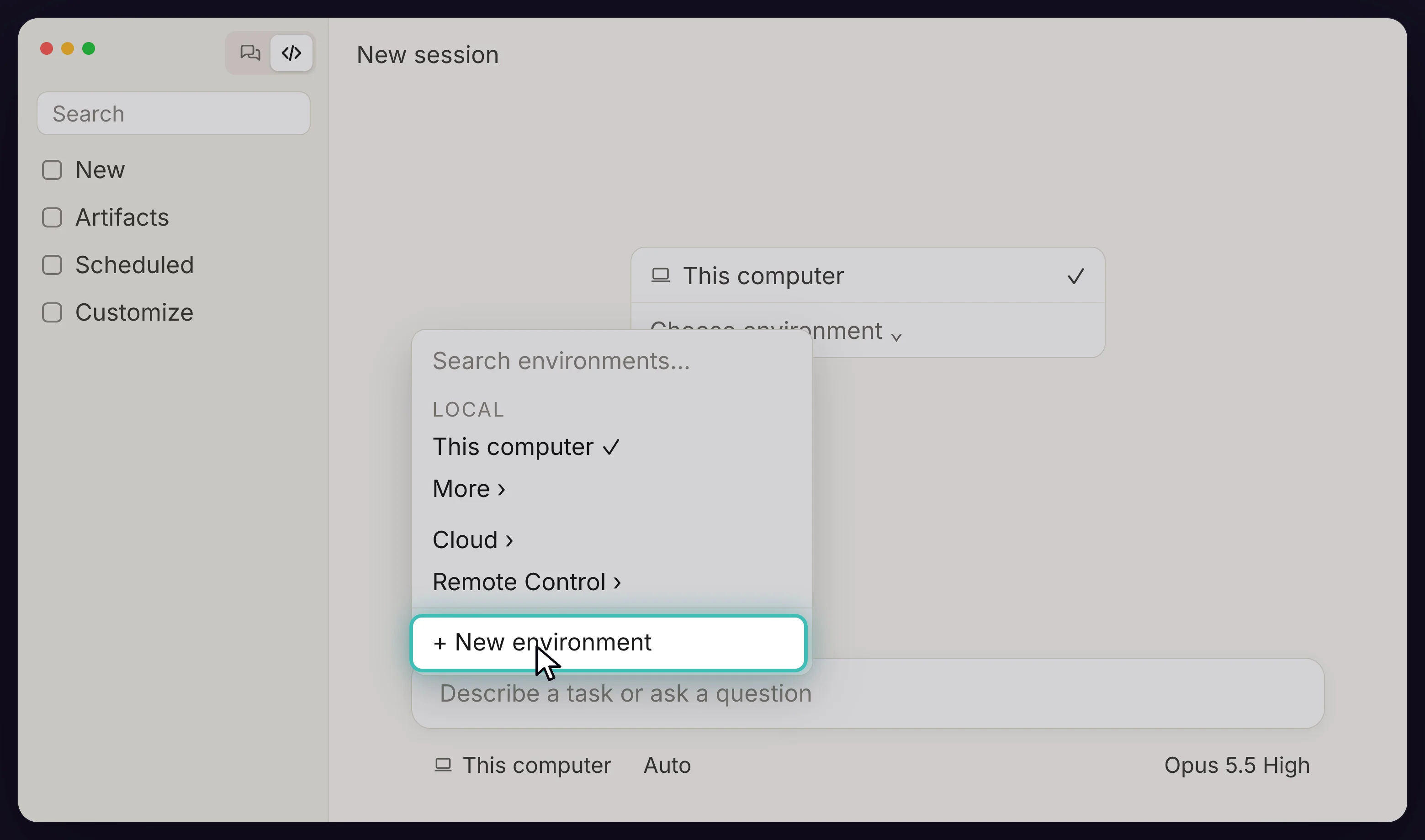 Claude desktop app Code tab environment menu with the New environment option
