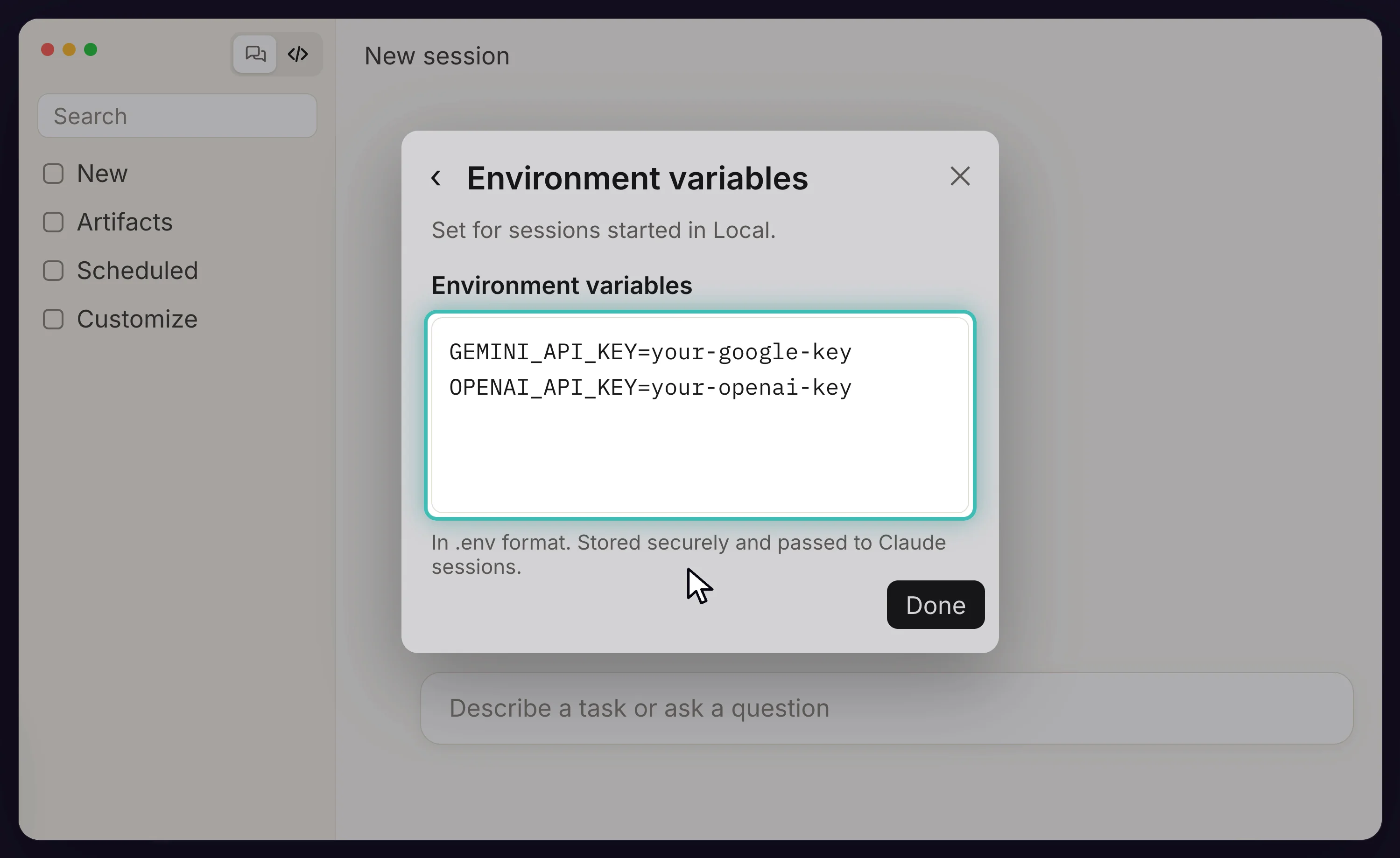 Claude environment variables box with GEMINI_API_KEY and OPENAI_API_KEY placeholders