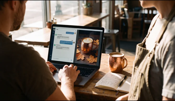 Coffee shop owner at a laptop showing an AI-generated photo of a latte in a copper mug