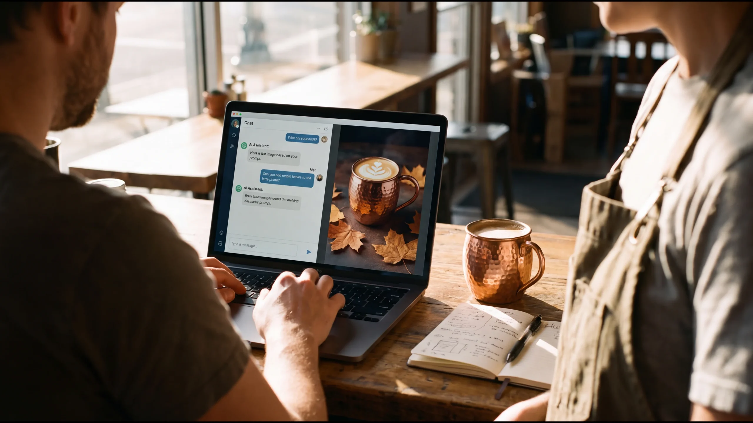 Coffee shop owner at a laptop showing an AI-generated photo of a latte in a copper mug