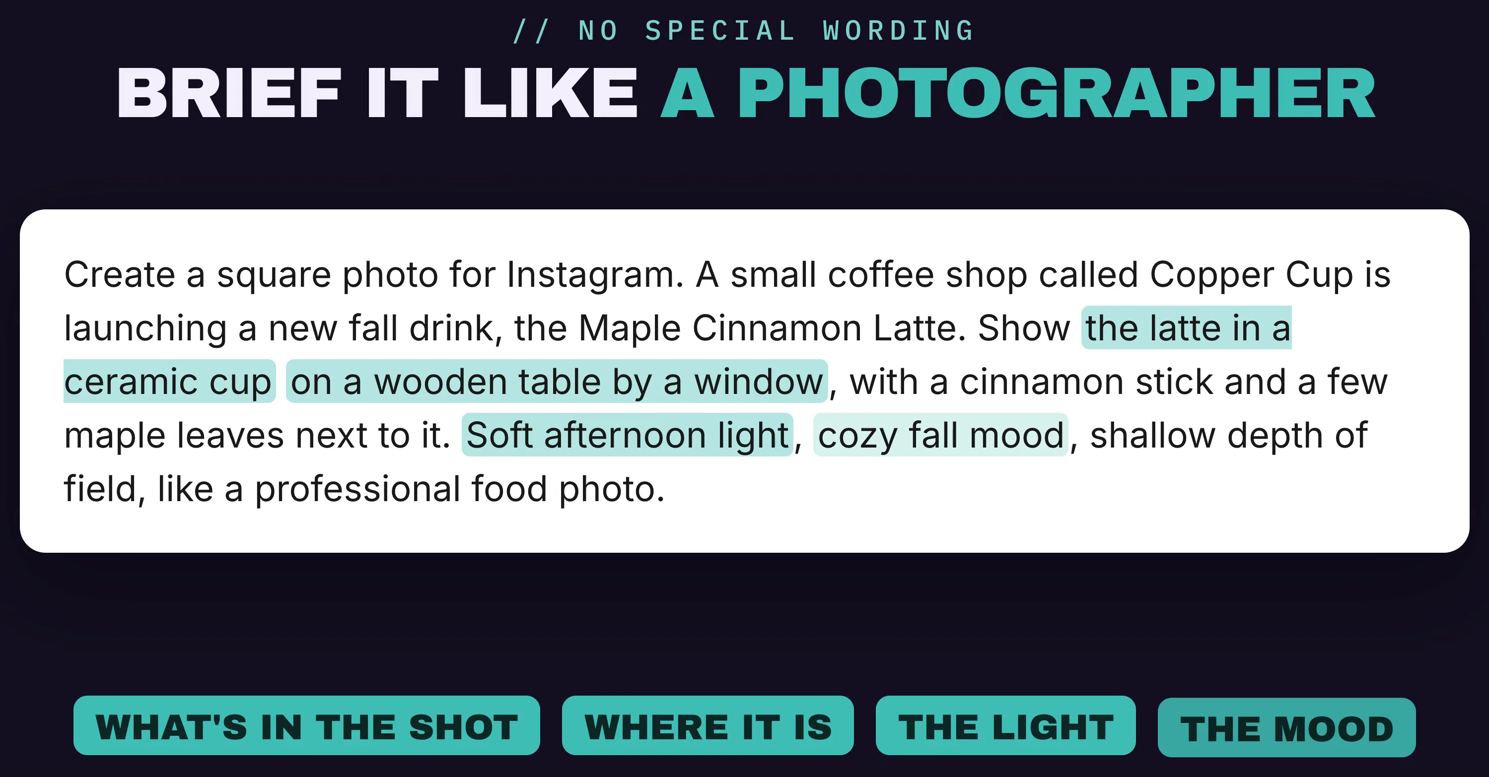 Image prompt for a fall latte photo broken into subject, setting, light and mood