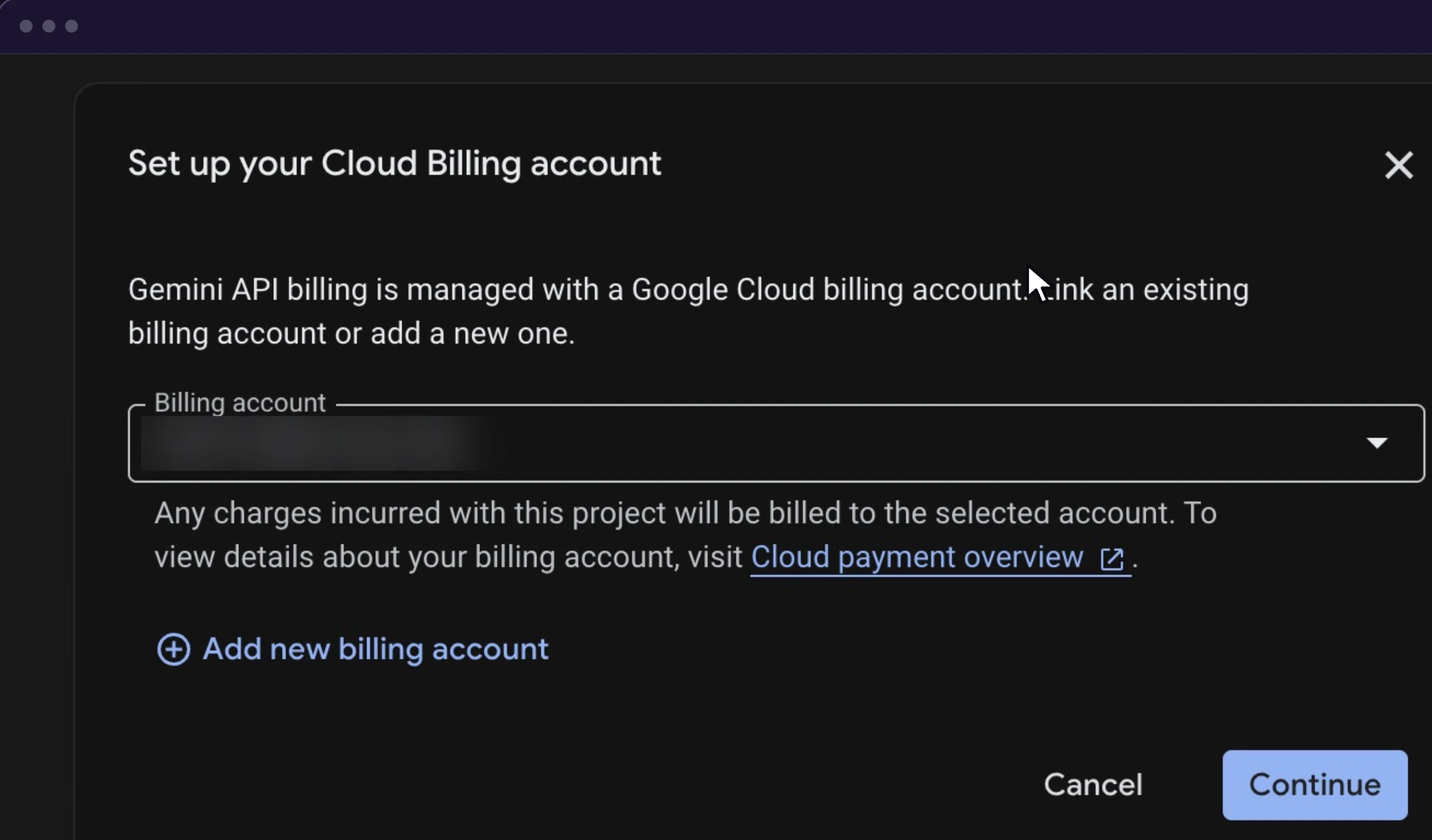 Google AI Studio dialog to link a Cloud Billing account or add a new one