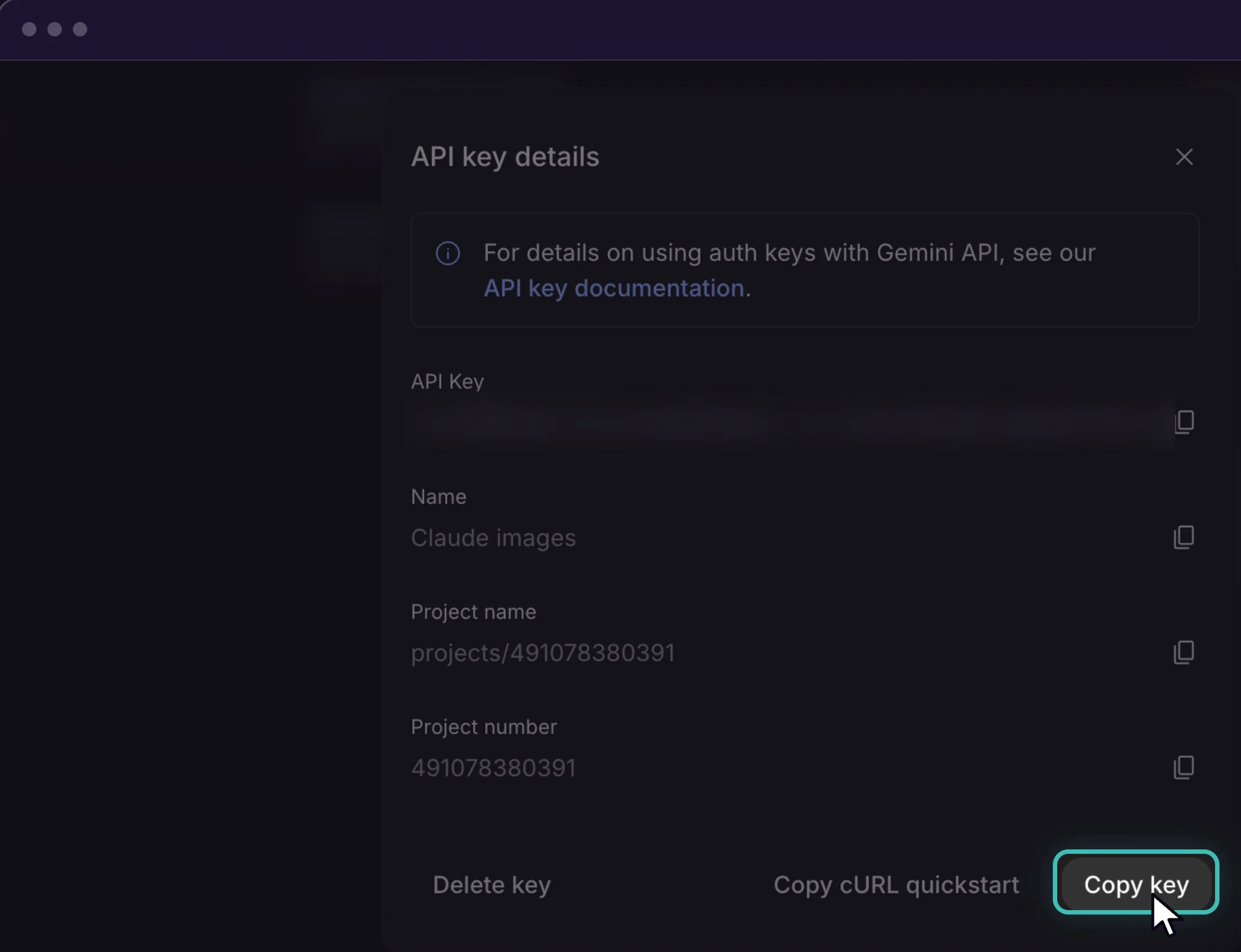 Gemini API key details with the Copy key button, key blurred