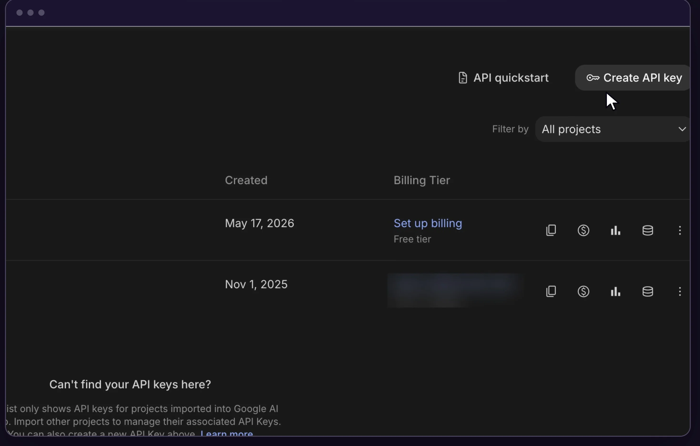 Google AI Studio API Keys page with the Create API key button