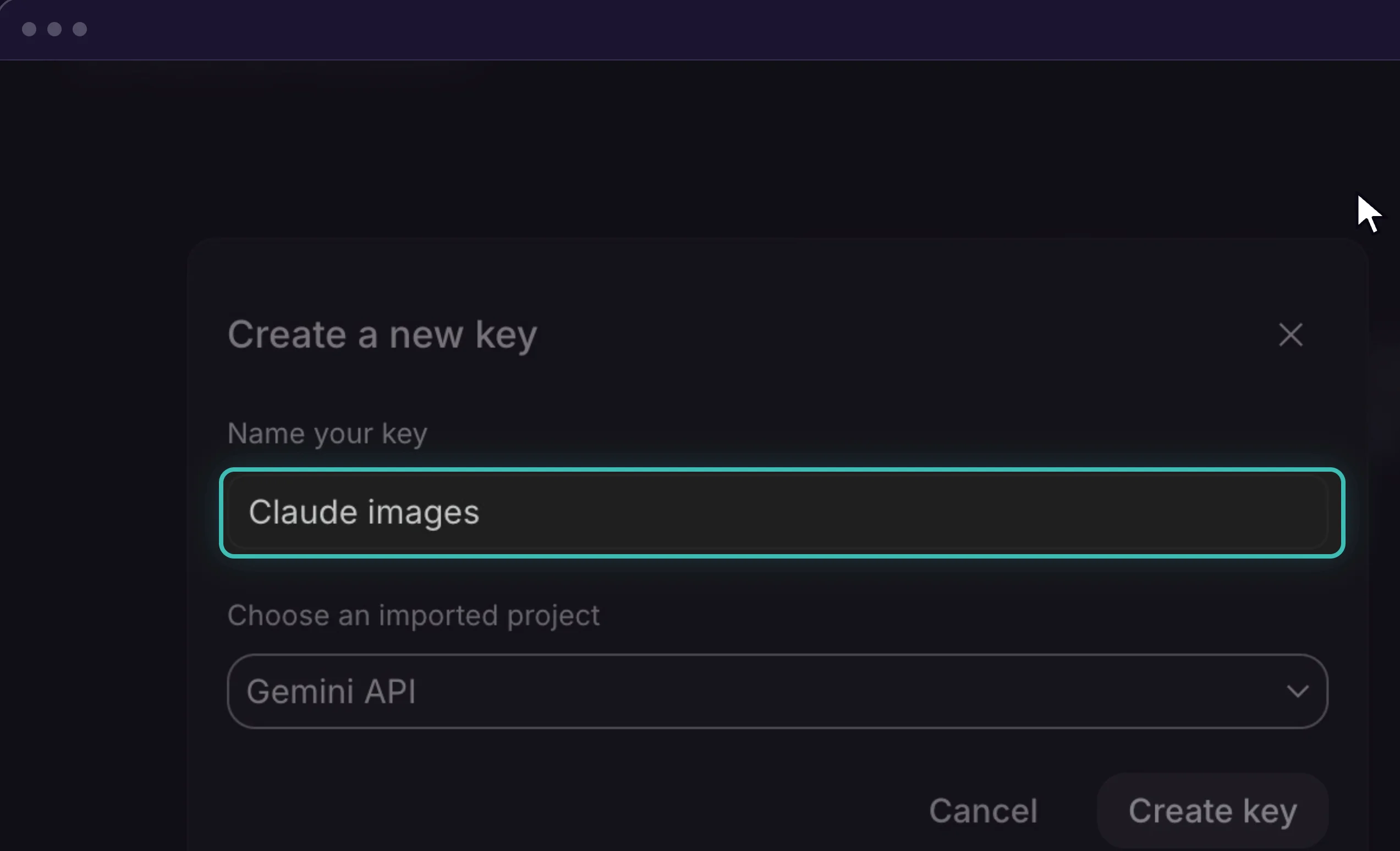 Google AI Studio Create a new key dialog with the key named Claude images