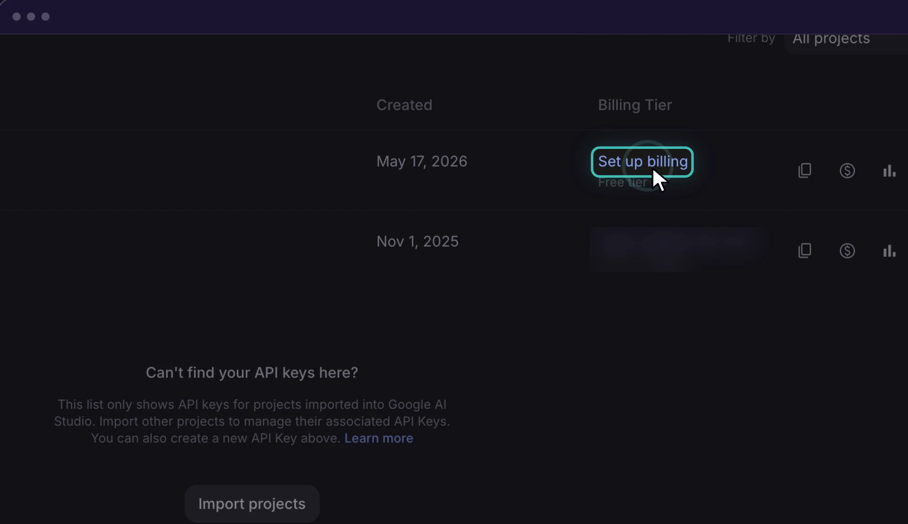 Set up billing link in the Billing Tier column next to a new Gemini API key