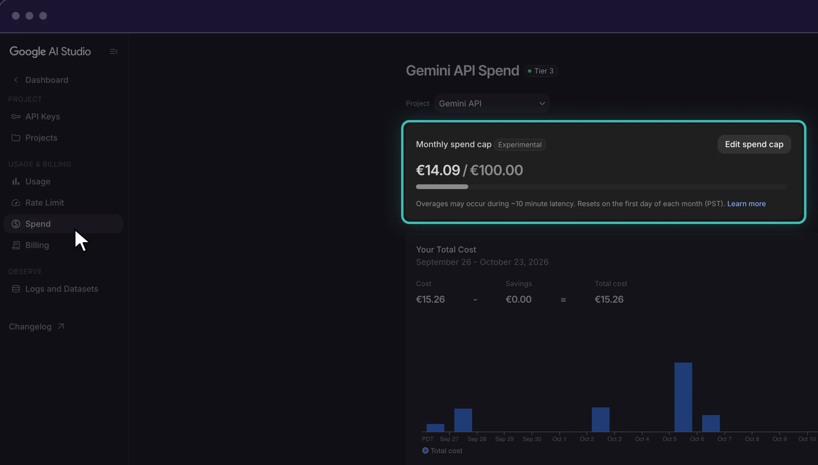 Google AI Studio Spend page with the monthly spend cap
