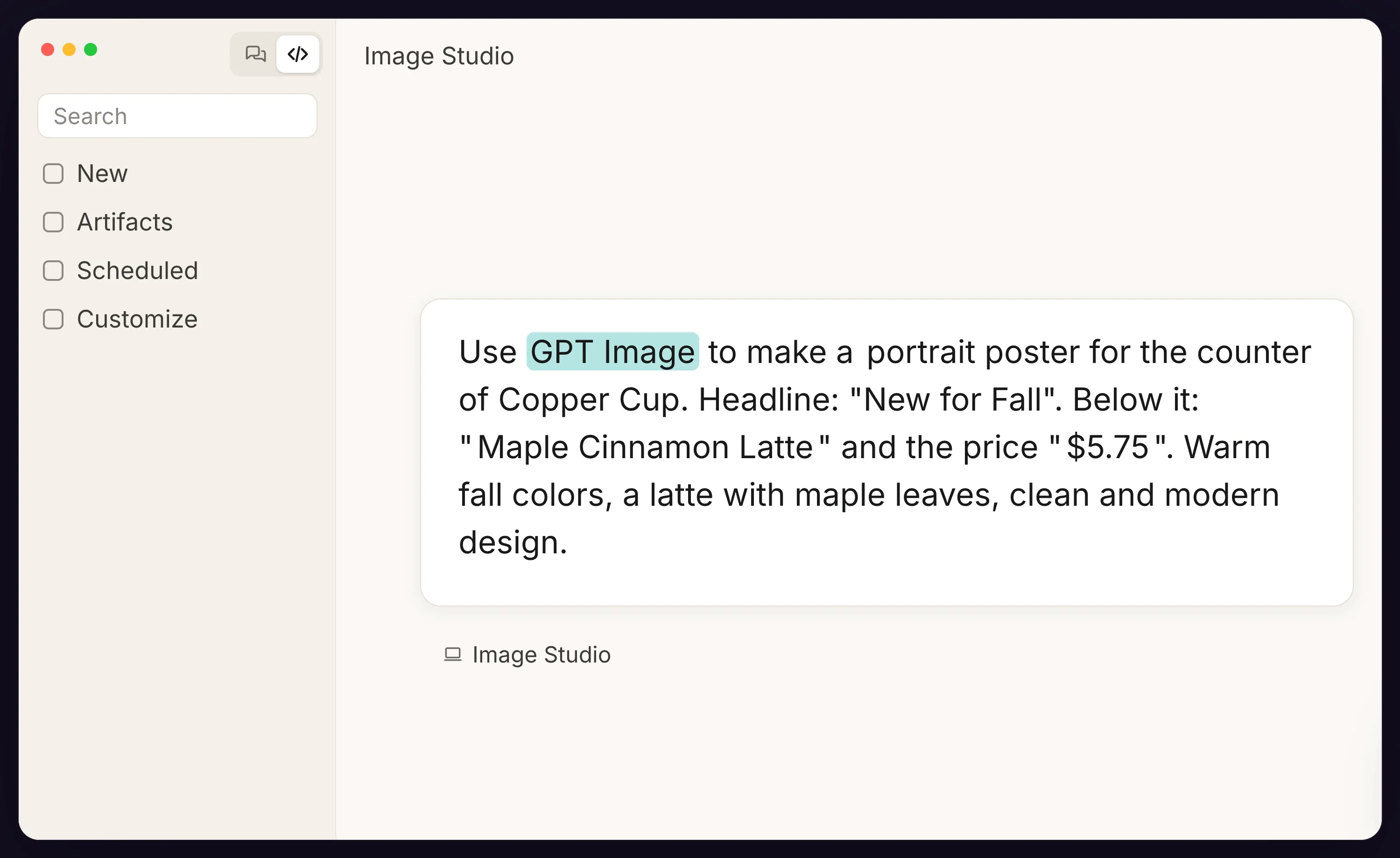 Claude prompt asking GPT Image for a fall poster with a headline and price