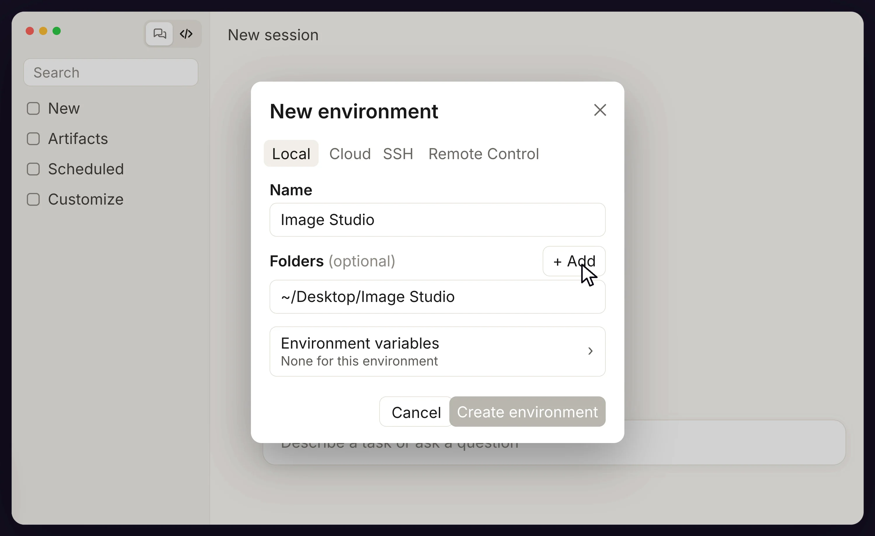 Claude New environment window on the Local tab with the Image Studio name and folder
