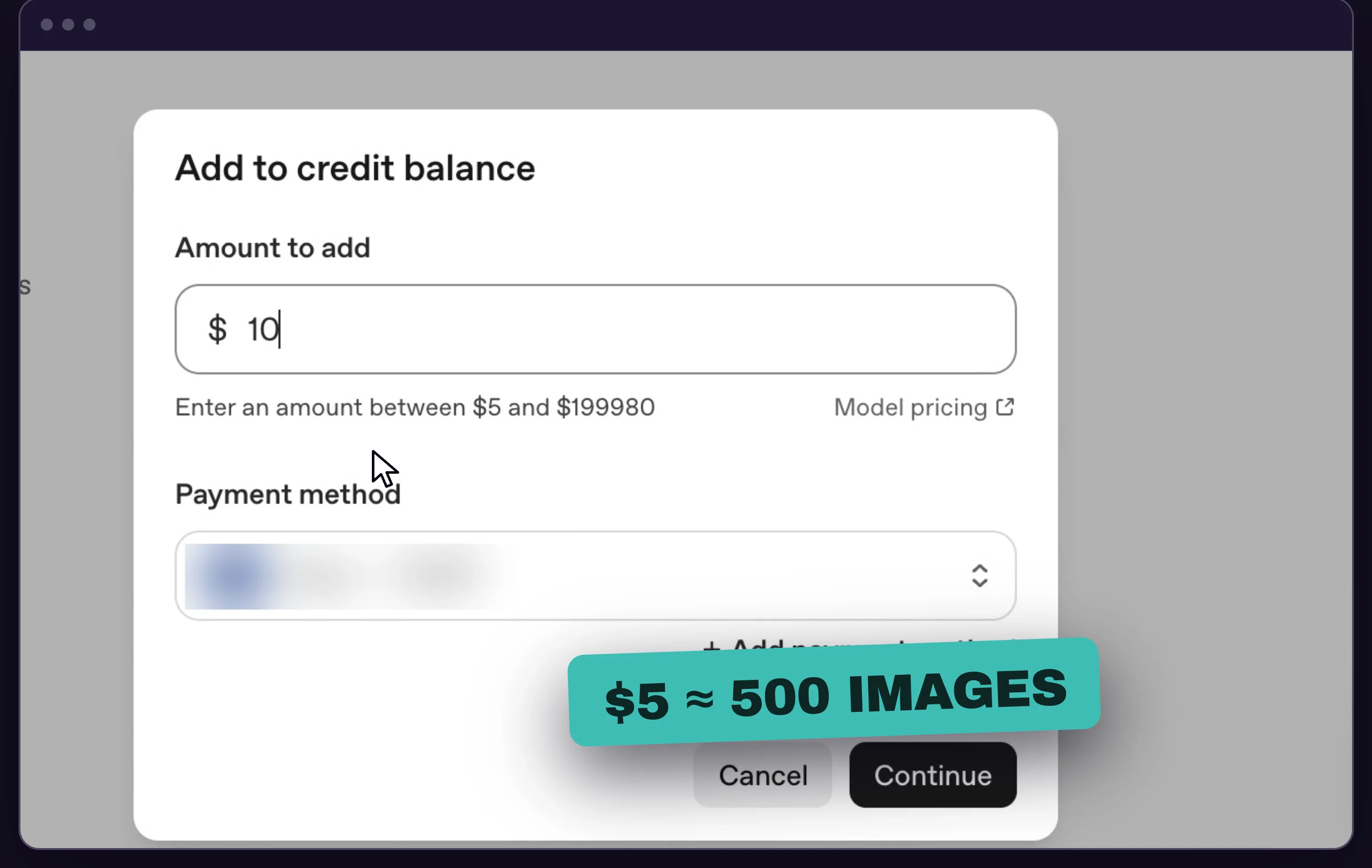 OpenAI platform Add to credit balance dialog with a 5 dollar amount