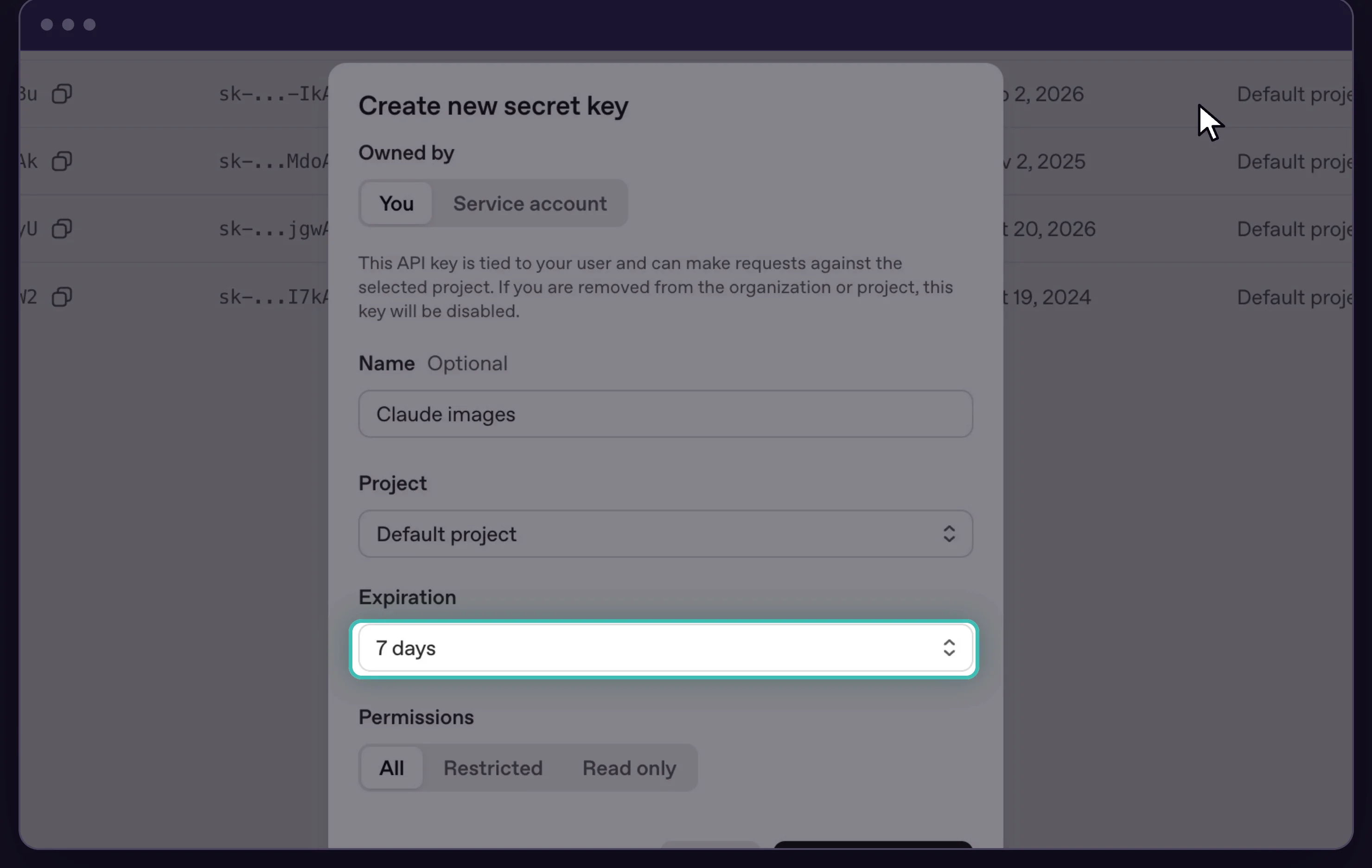 OpenAI Create new secret key form with name, project, expiration and permissions