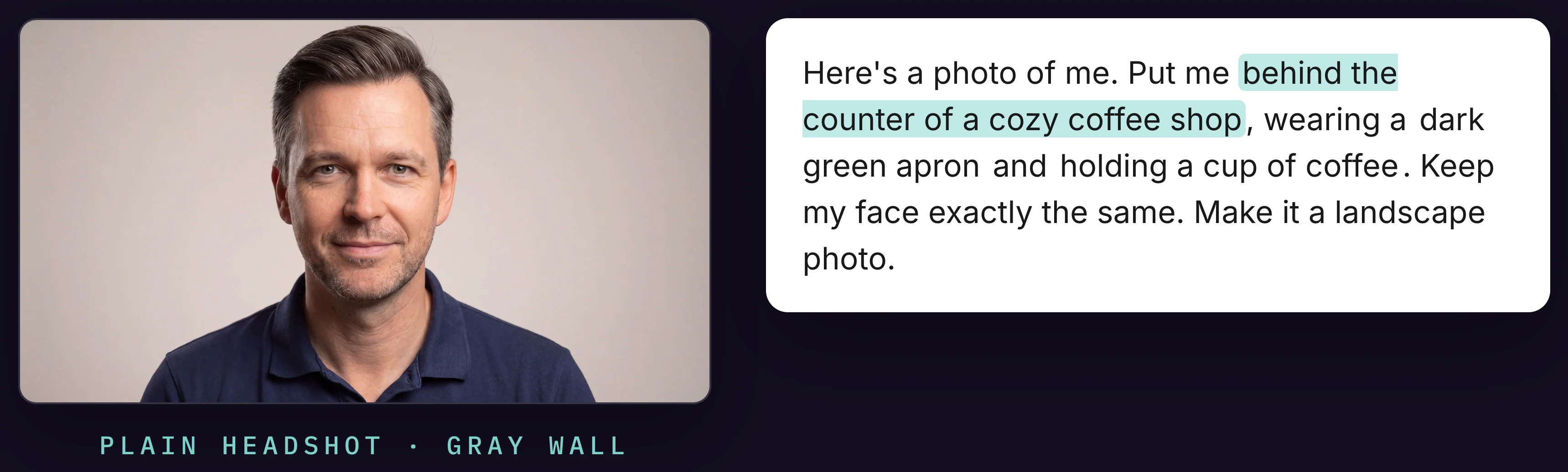Plain headshot against a gray wall with the prompt to move it into a coffee shop