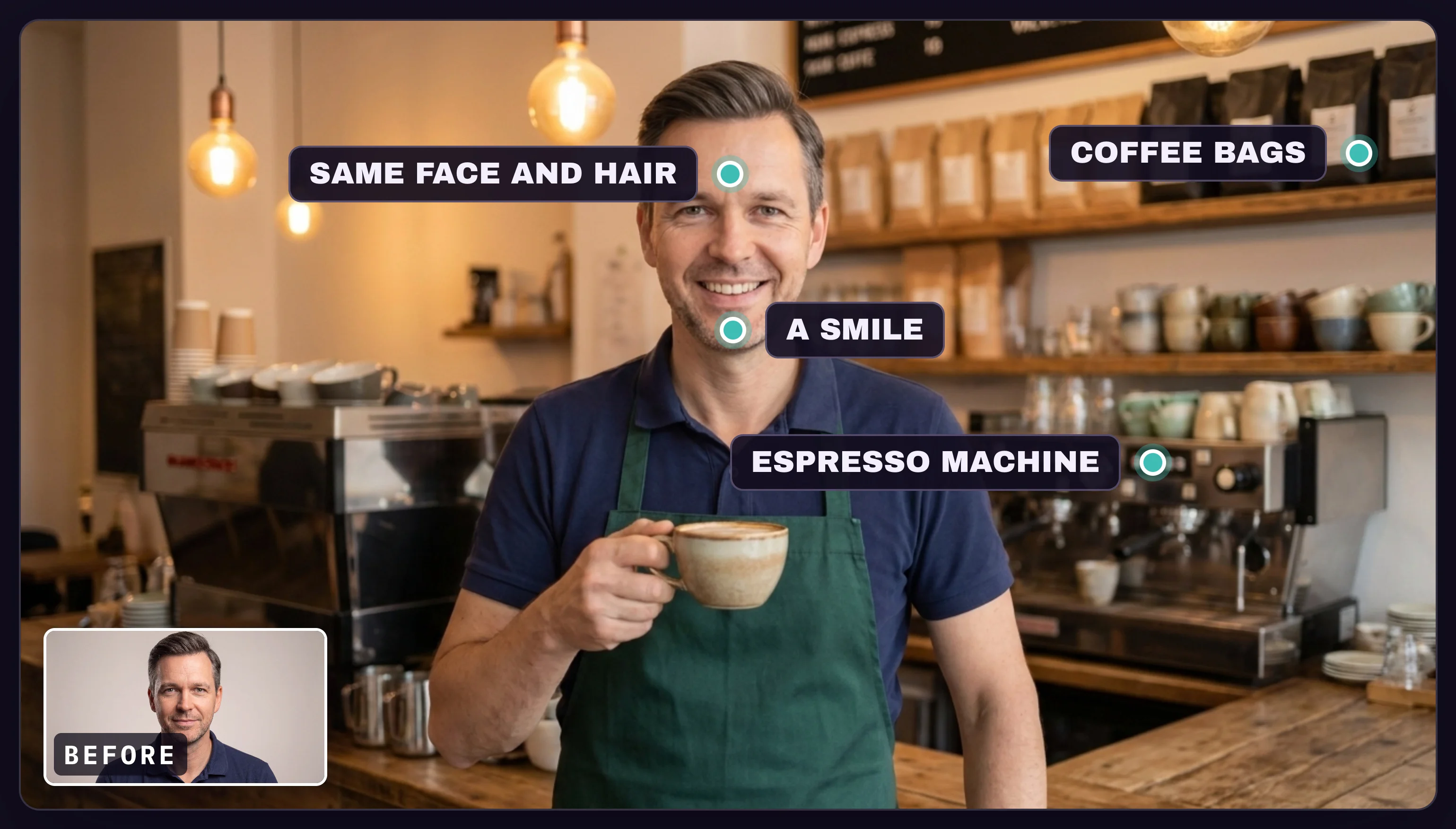 Edited headshot with the same face in a green apron in a coffee shop holding a coffee