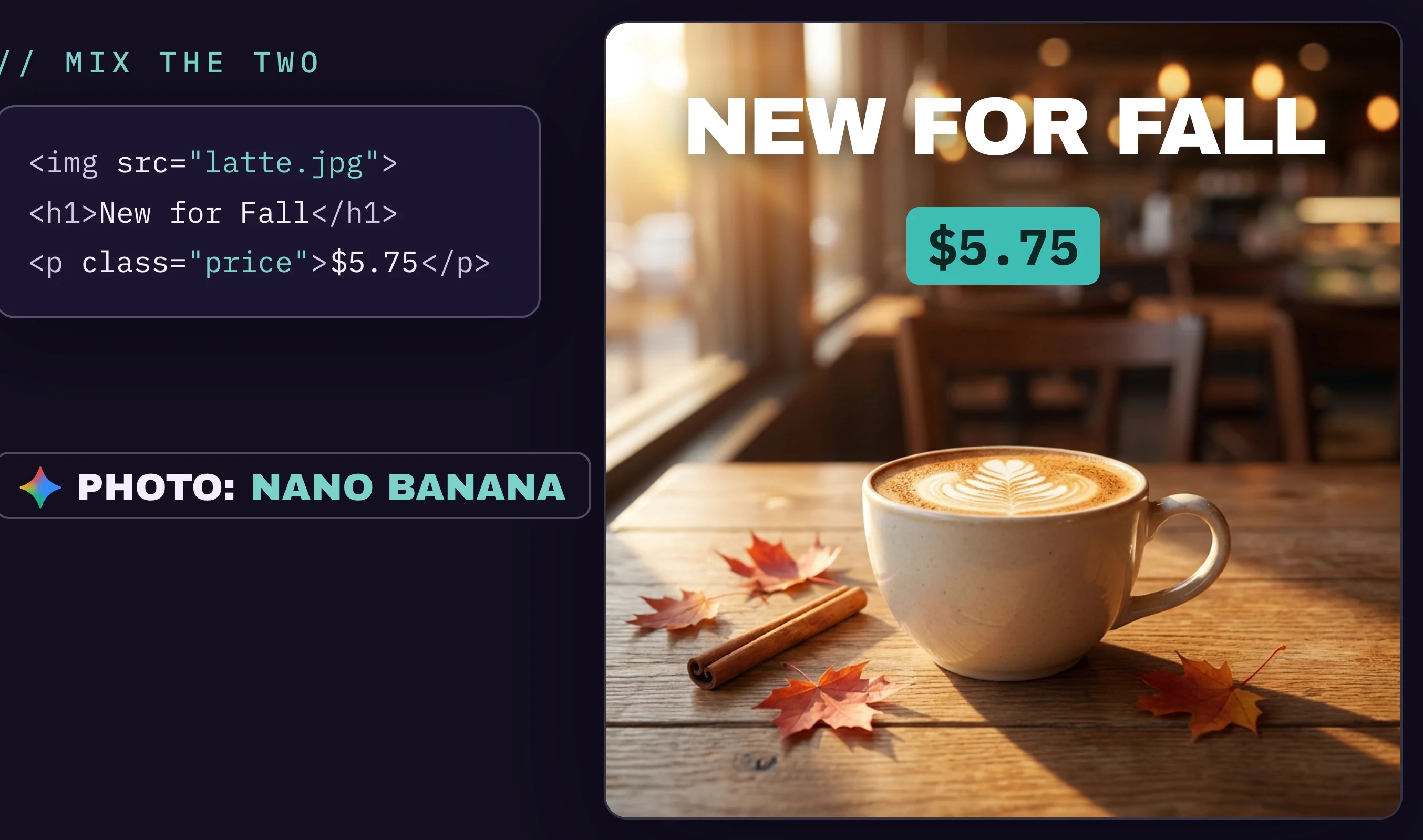 Nano Banana latte photo with the headline and price added on top in HTML