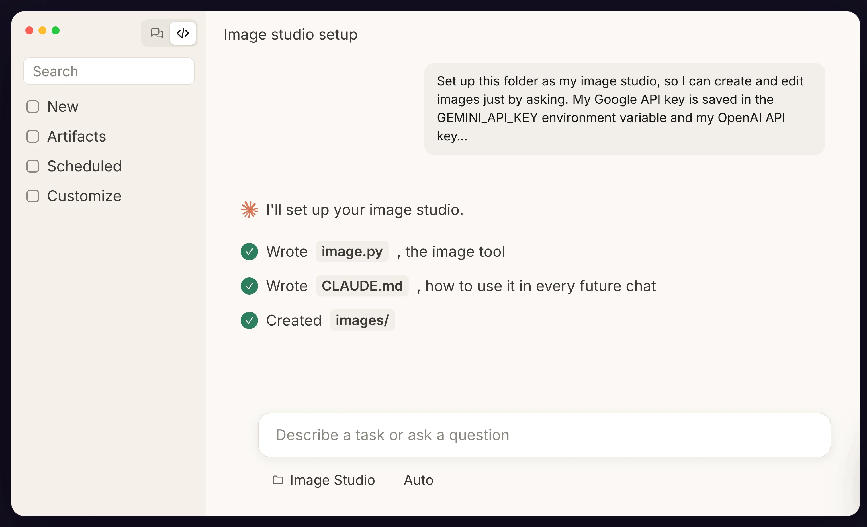 Claude writing the image tool, CLAUDE.md and the images folder