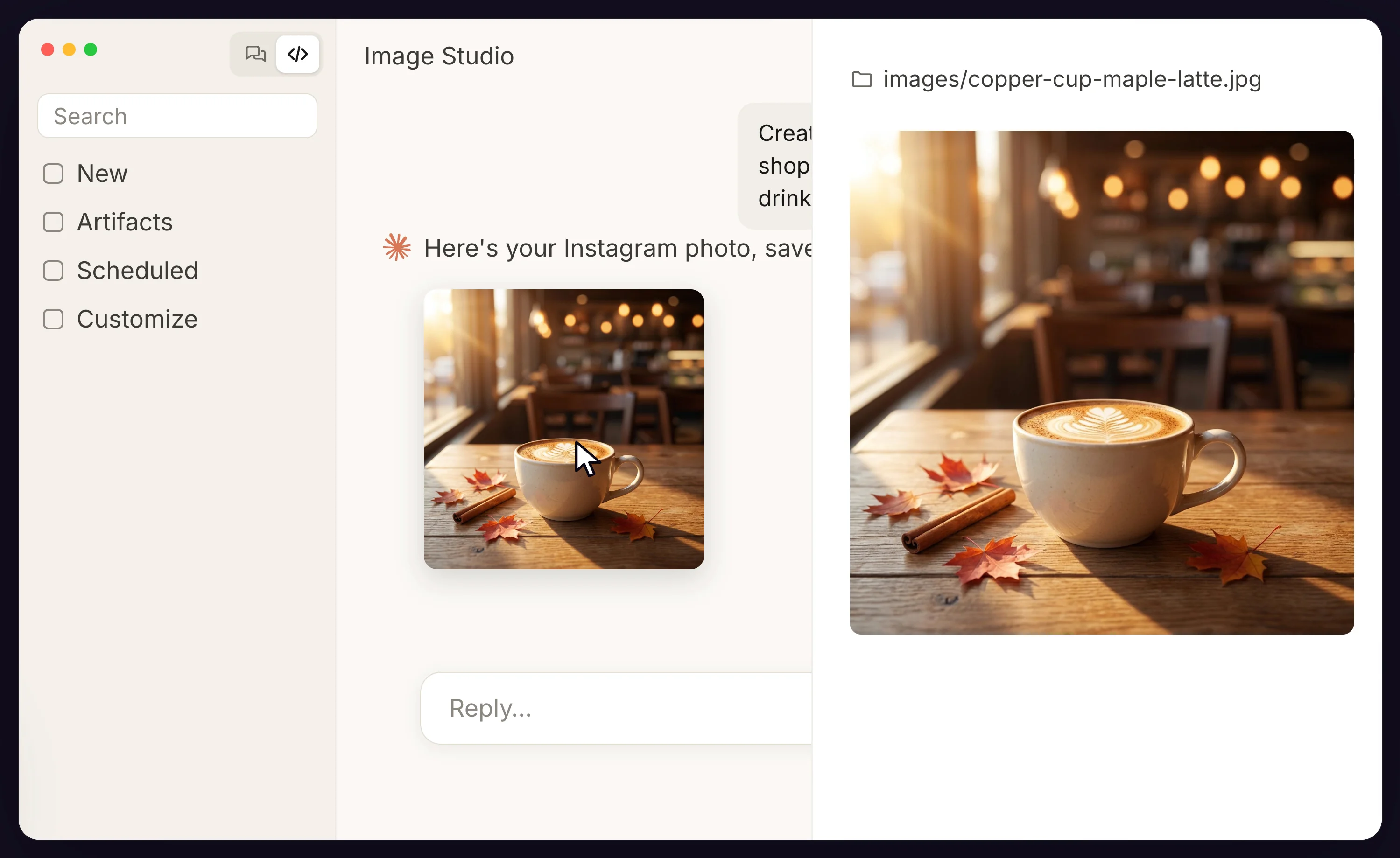Generated latte photo opened in the panel next to the Claude chat