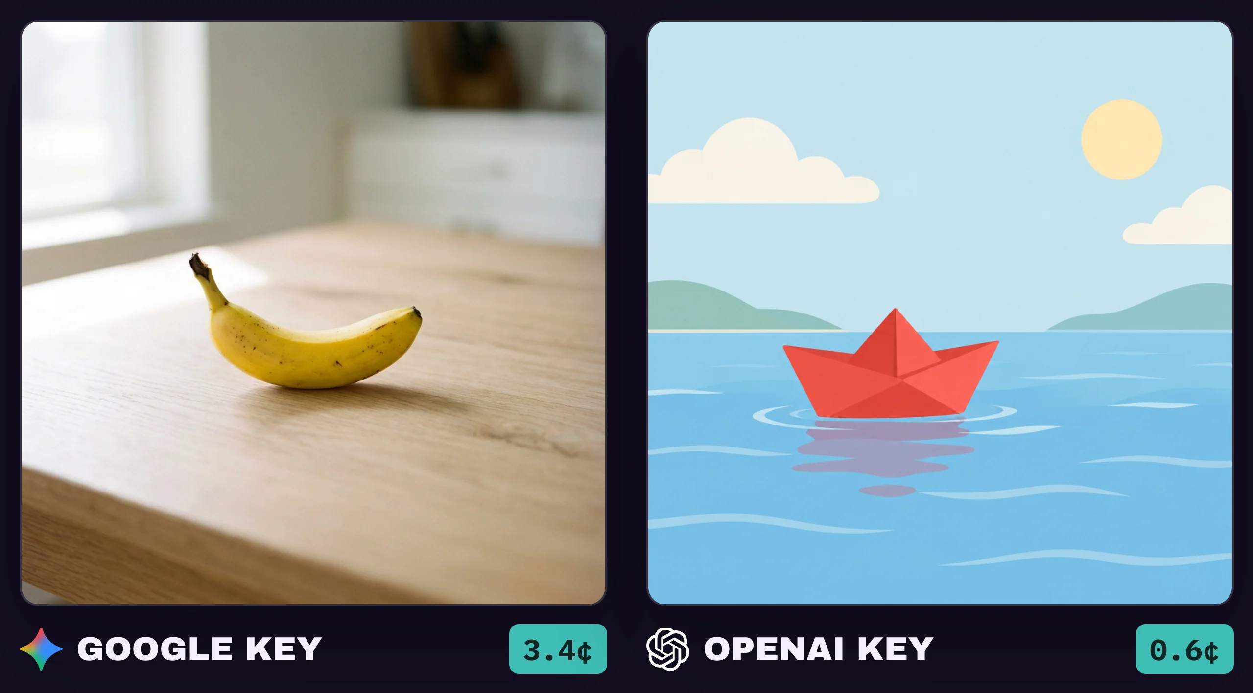 Two test images from Claude: a banana from the Google key and a paper boat from the OpenAI key