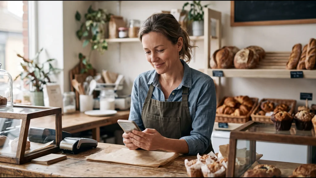 Small bakery owner checking her phone to see if ChatGPT recommends her business