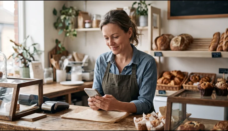 Small bakery owner checking her phone to see if ChatGPT recommends her business