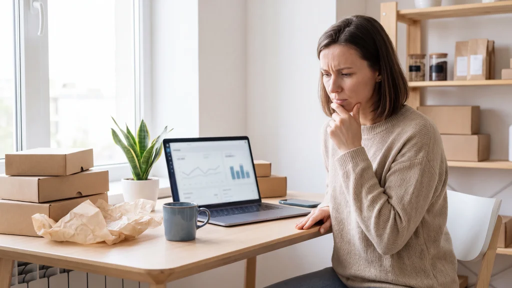 Small online business owner looking puzzled at Google Ads results on a laptop, with shipping boxes on the desk