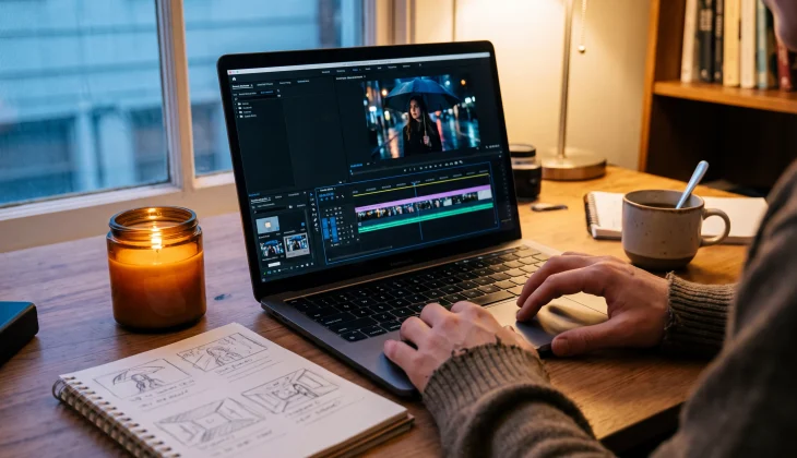 Creator editing an AI video on a laptop next to a storyboard sketch and a lit candle