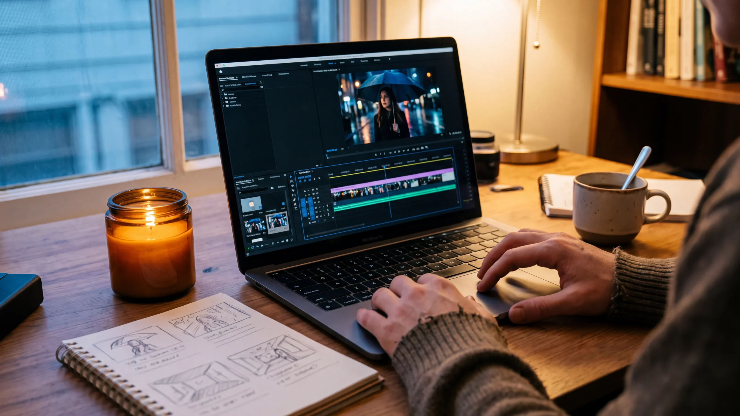 Creator editing an AI video on a laptop next to a storyboard sketch and a lit candle